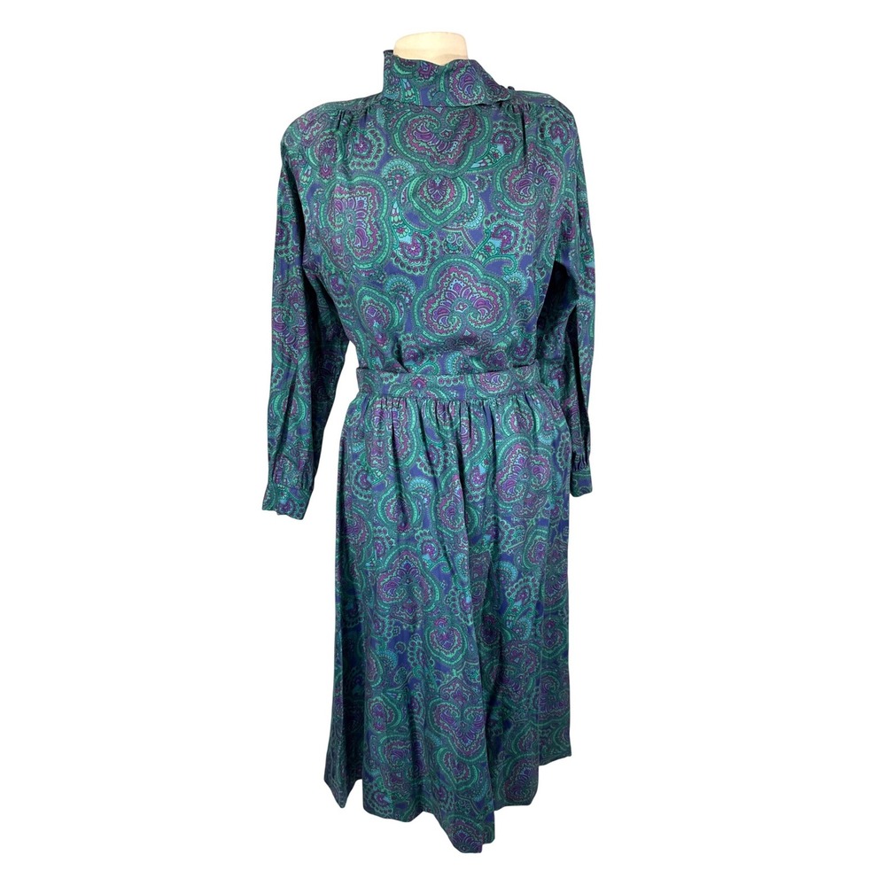 Prophecy Vintage 80s Paisley Midi Dress Teal Purple Cotton High Neck Pockets 10